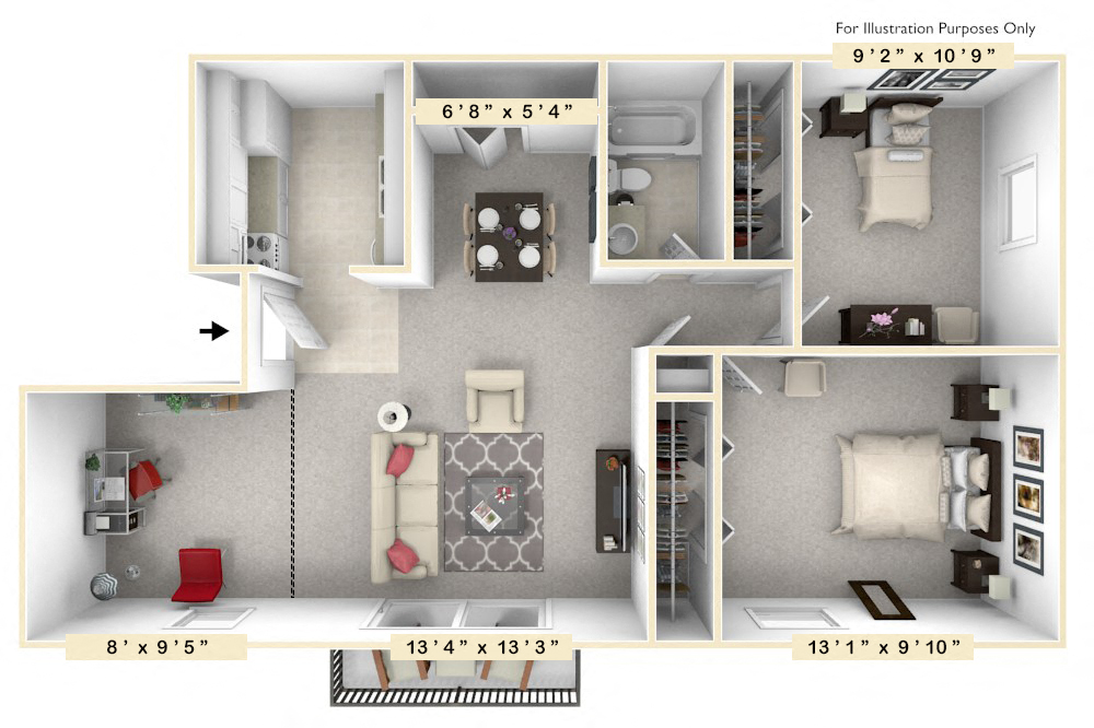 Floor plan for 2 beds, 1 bath, 779 sqft